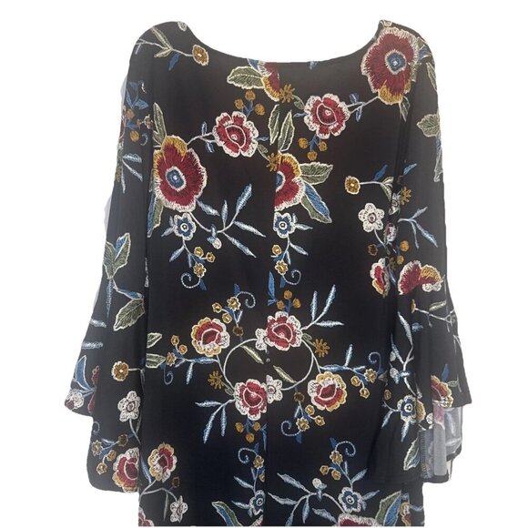 Olivia Matthews Black Colorful Floral Tunic Dress 3/4 Bell Sleeve Sz L Stretch - Picture 5 of 7